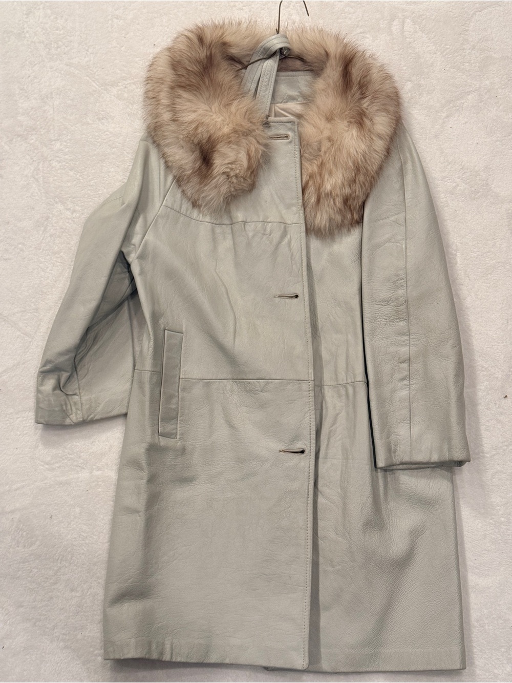 Women's Light Gray Faux Leather Trench Coat with Faux Fur Collar
